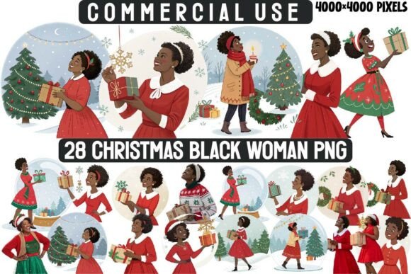 Black Woman Christmas Clipart PNG Bundle: Illustrations