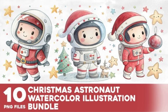 Christmas Astronaut Watercolor Bundle: Illustrations