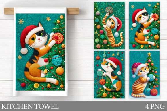 Christmas Cat Kitchen Towel Design: Festive Illustrations