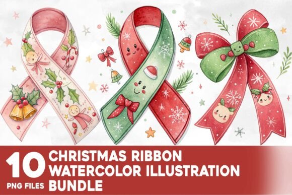 Christmas Ribbon Watercolor Bundle: Illustrations