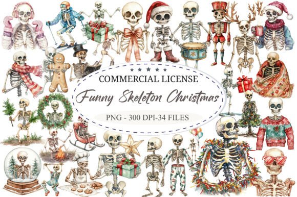 Funny Skeleton Christmas Clipart: Illustrations for Crafters